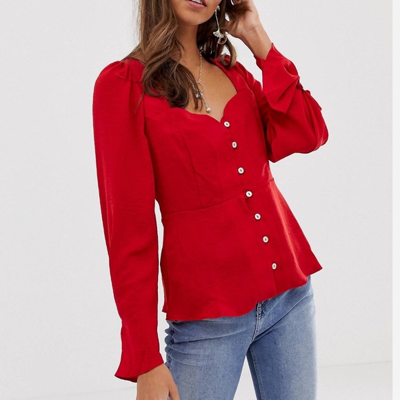 ASOS Red Sweetheart Neckline Button Through Top - Picture 3 of 9